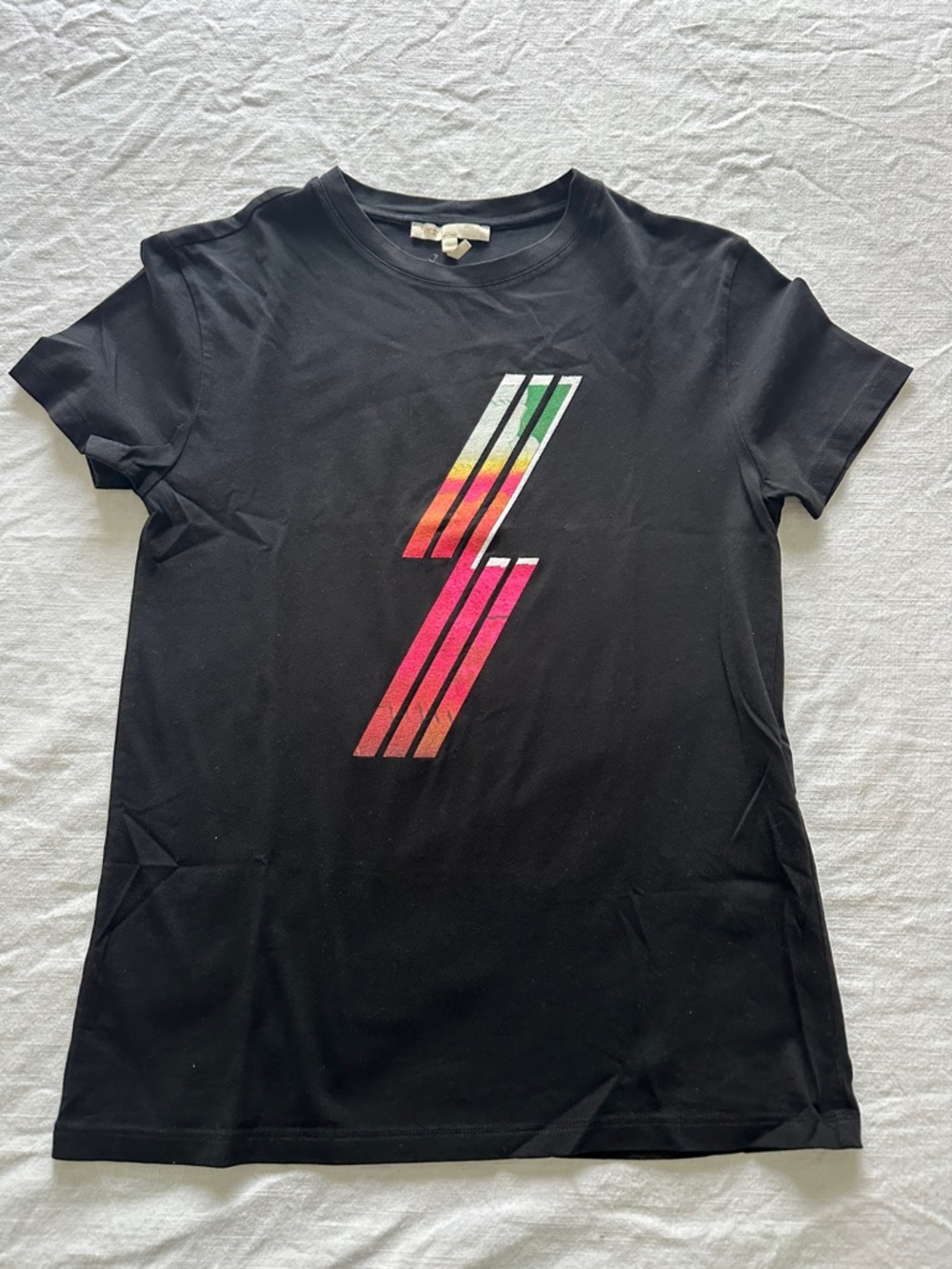 Maje Black Tee with Rainbow Stripe Graphic
